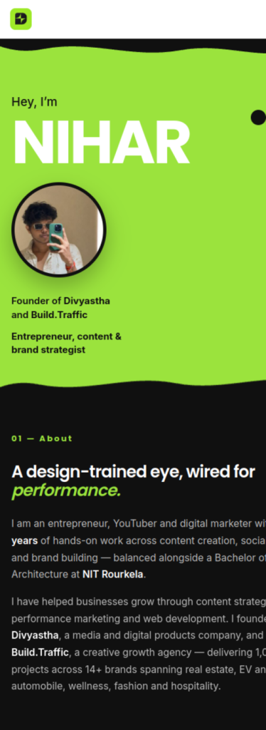 Divyastha – Founder Page mobile view